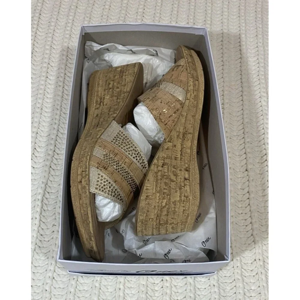 Onex Blanche Linen Stones Cork Wedge Sandals Shoes Made in Italy Womens 11 - Picture 11 of 13